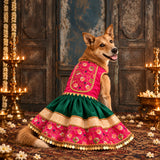 Rajwada Maharani Karnavati Silk Embroidered Lehenga Dog Dress - Green/Pink