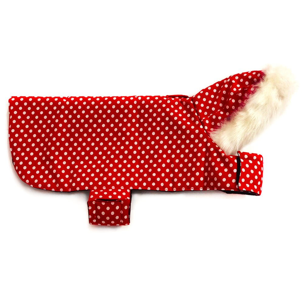 Polka Dots Hooded Furr Dog Jacket - Red thatdogintuxedo